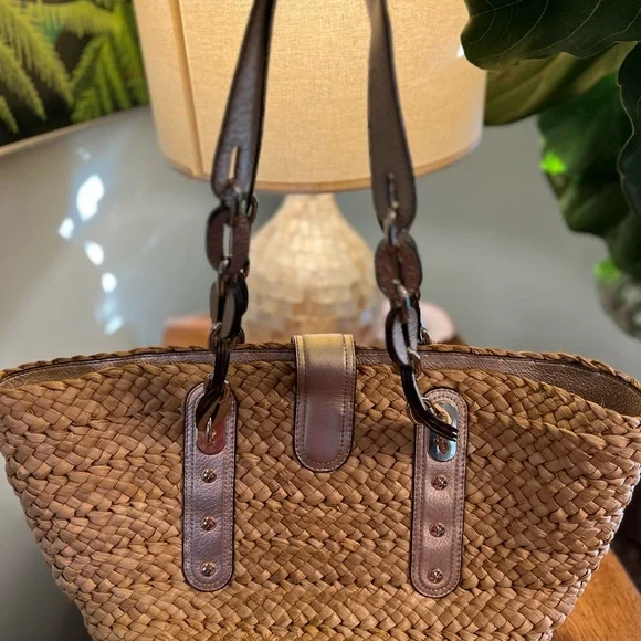 Michael Kors Hand-Woven Straw Leather Trim ToteSantorini Summer Straw Purse - Picture 2 of 12